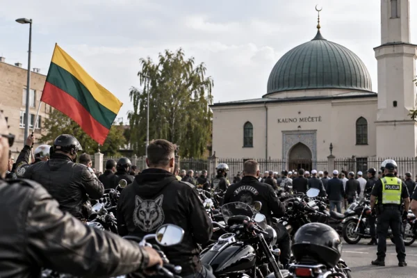 Illustration of motorcyclists gathered outside a mosque in Lithuania while police monitor the scene.
