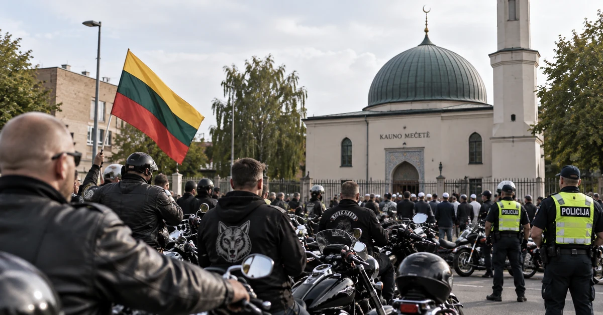Illustration of motorcyclists gathered outside a mosque in Lithuania while police monitor the scene.