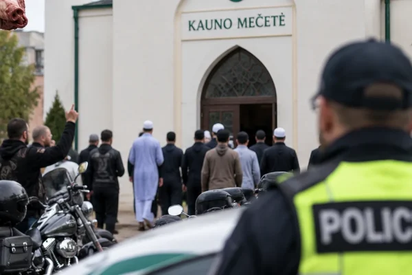 Police, motorcycles and worshippers outside a mosque in Lithuania, illustrating the investigation into disruption of Friday prayers in Kaunas.