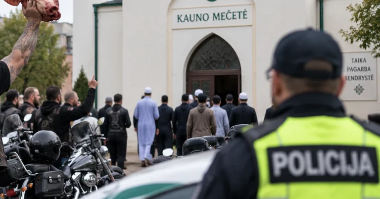 Police, motorcycles and worshippers outside a mosque in Lithuania, illustrating the investigation into disruption of Friday prayers in Kaunas.