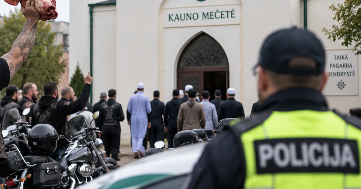 Police, motorcycles and worshippers outside a mosque in Lithuania, illustrating the investigation into disruption of Friday prayers in Kaunas.