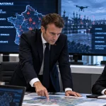 Editorial illustration of French officials reviewing critical-infrastructure security risks involving drones and cyber attacks.