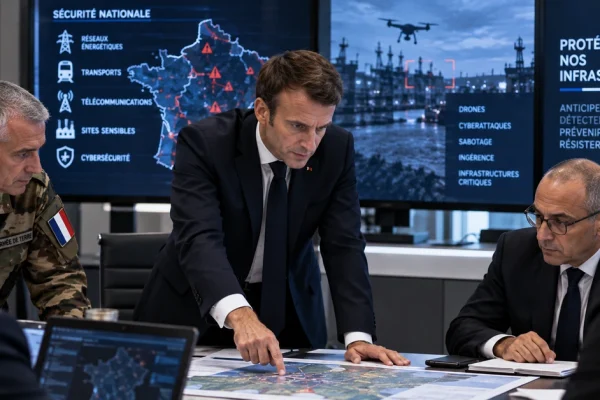 Editorial illustration of French officials reviewing critical-infrastructure security risks involving drones and cyber attacks.