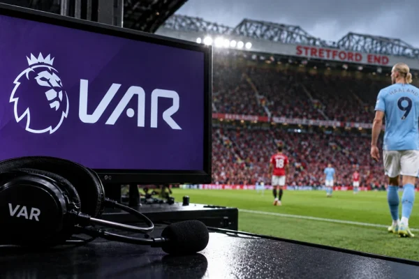 VAR equipment overlooking the Manchester derby at Old Trafford with Erling Haaland on the pitch