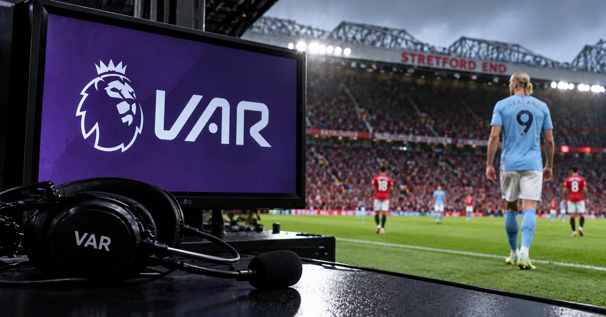 VAR equipment overlooking the Manchester derby at Old Trafford with Erling Haaland on the pitch