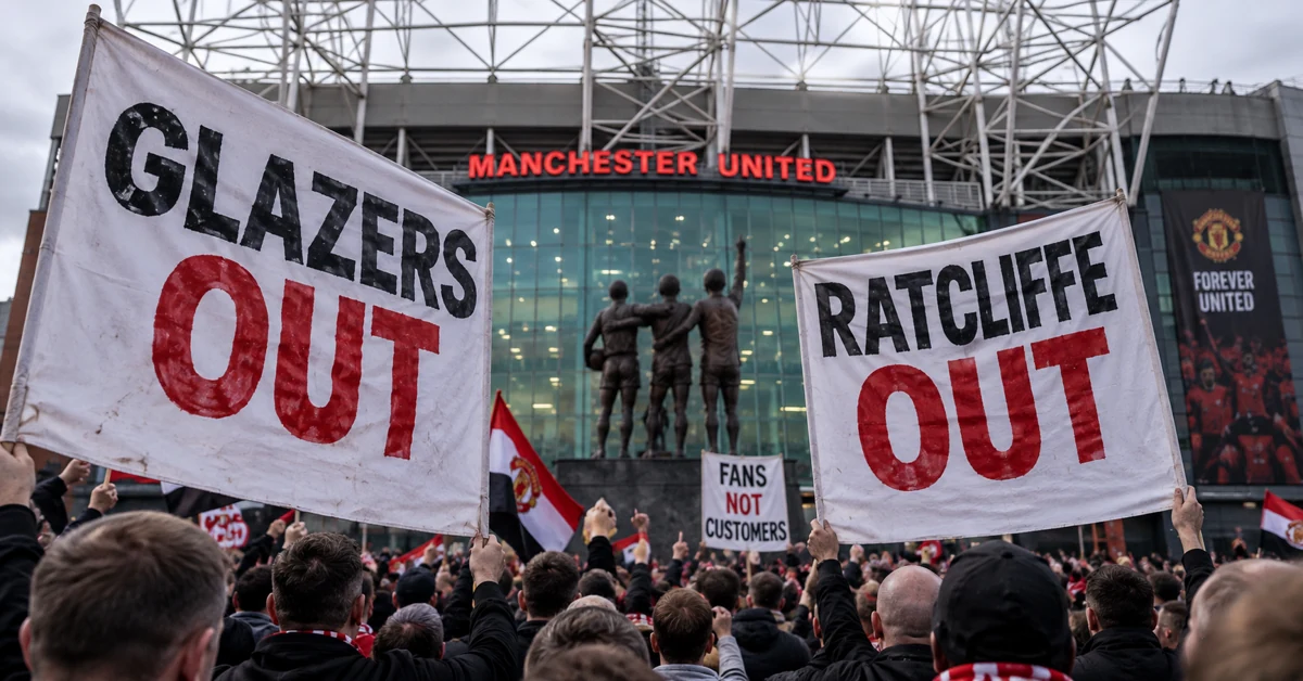 Manchester United supporters protesting outside Old Trafford against the Glazers and Sir Jim Ratcliffe