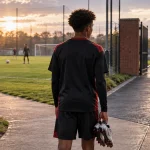 Illustration of a teenage football prospect choosing between remaining at a training ground and leaving through an open gate.