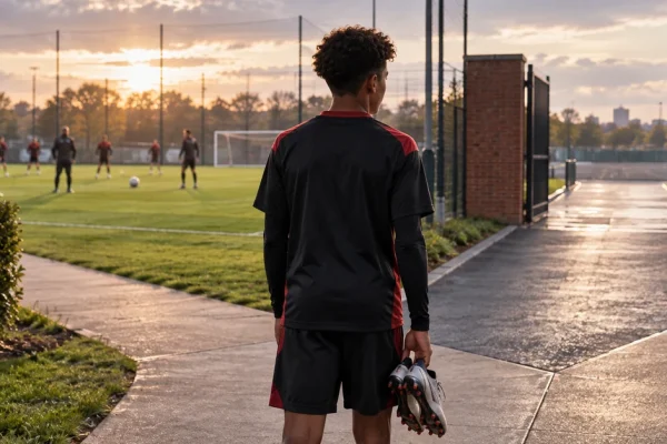 Illustration of a teenage football prospect choosing between remaining at a training ground and leaving through an open gate.