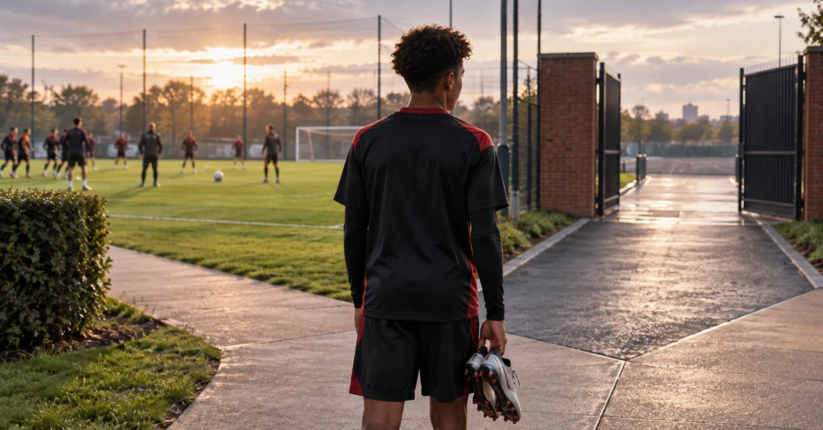 Illustration of a teenage football prospect choosing between remaining at a training ground and leaving through an open gate.