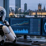 Editorial illustration of an artificial intelligence system analysing forecasting charts and global data from a London office.