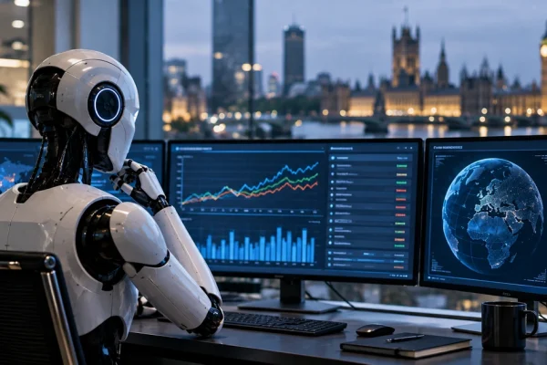 Editorial illustration of an artificial intelligence system analysing forecasting charts and global data from a London office.