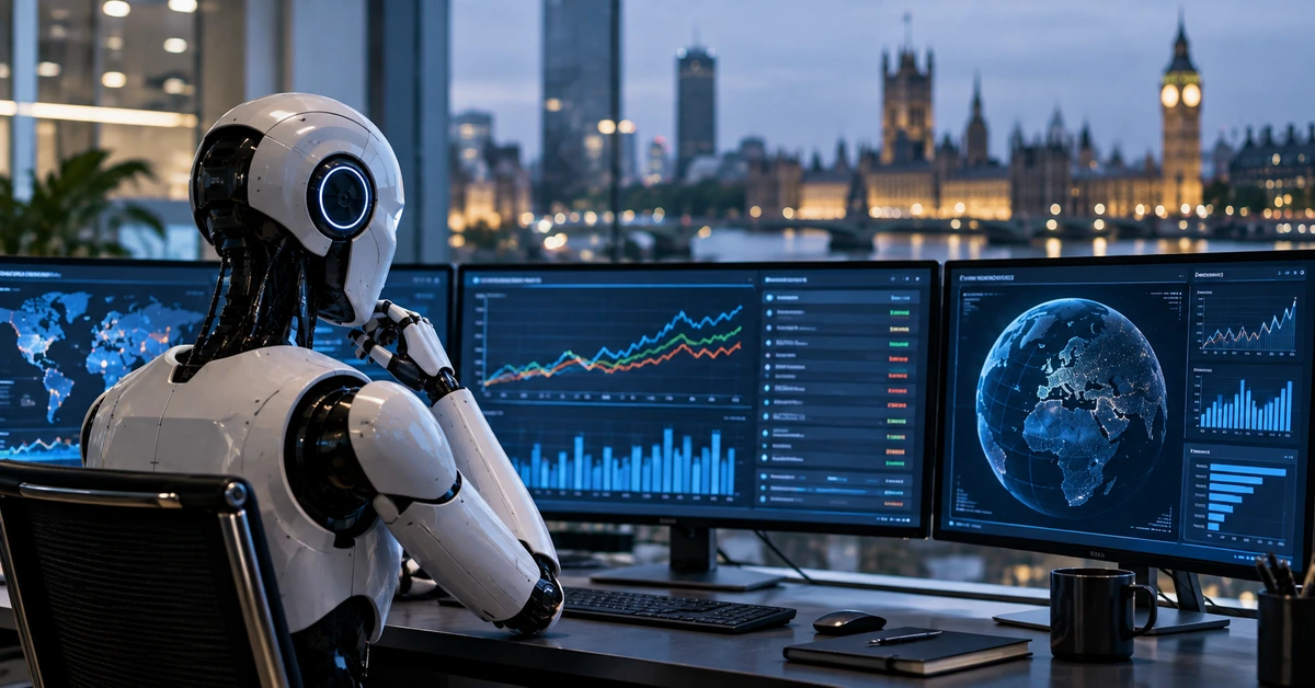 Editorial illustration of an artificial intelligence system analysing forecasting charts and global data from a London office.