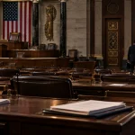 Editorial illustration of lawmakers leaving an almost empty US congressional chamber at the start of a recess.