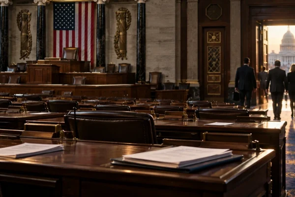 Editorial illustration of lawmakers leaving an almost empty US congressional chamber at the start of a recess.