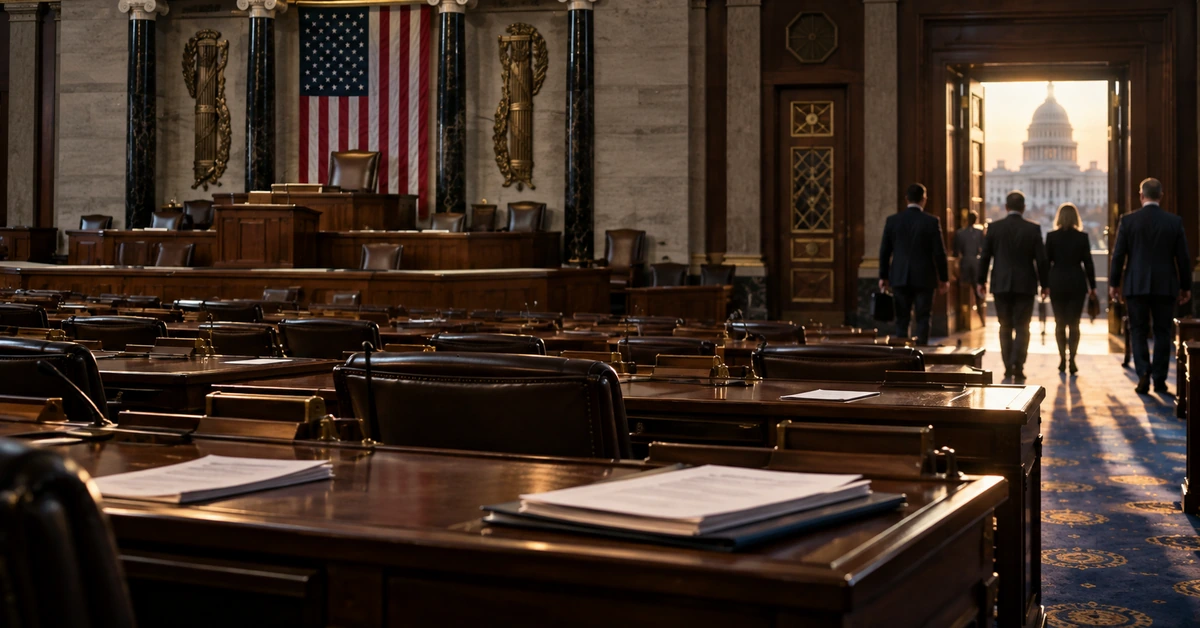 Editorial illustration of lawmakers leaving an almost empty US congressional chamber at the start of a recess.