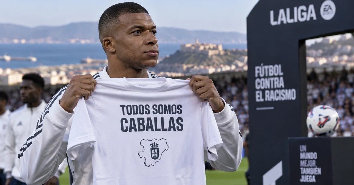 Illustration of Kylian Mbappé holding a Ceuta solidarity shirt before a football match.