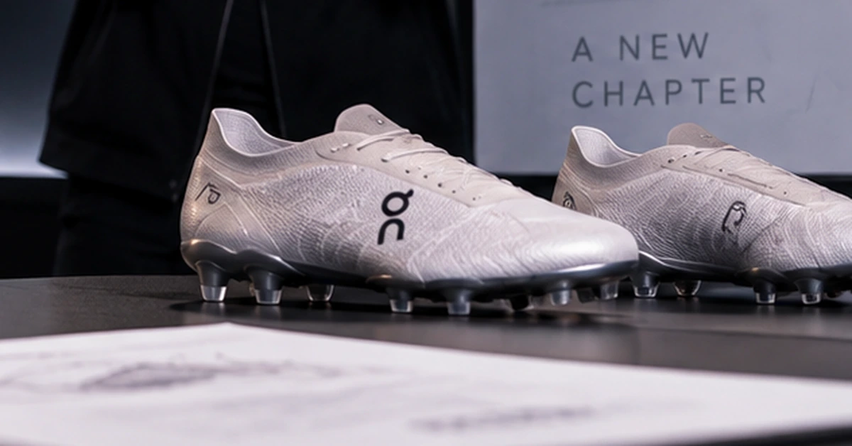 Editorial illustration of football boots and product-development materials representing On's expansion into football.