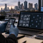 Illustration of digital forensic investigators examining mobile devices and online communications with the Melbourne skyline in the background.