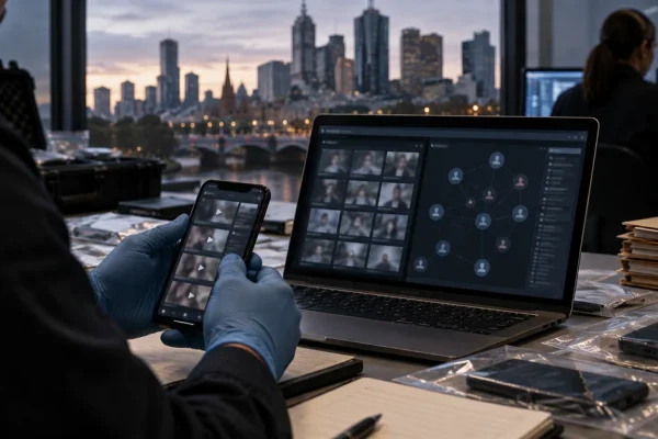 Illustration of digital forensic investigators examining mobile devices and online communications with the Melbourne skyline in the background.