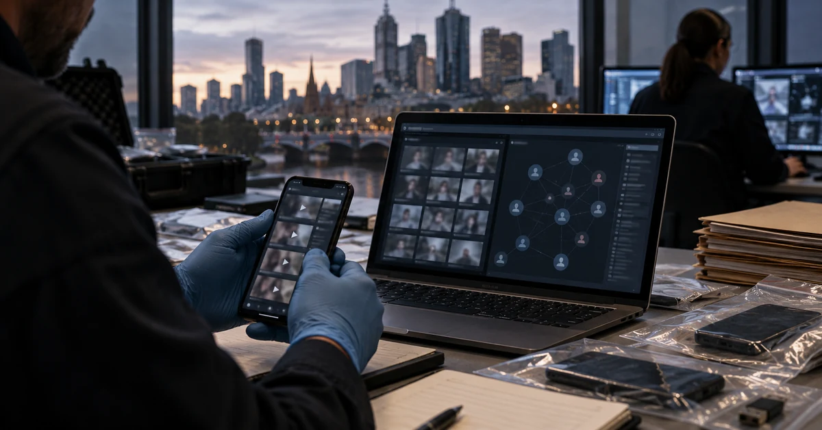 Illustration of digital forensic investigators examining mobile devices and online communications with the Melbourne skyline in the background.
