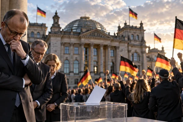 AI-generated editorial illustration representing Germany's state election results and political pressure on Chancellor Friedrich Merz.