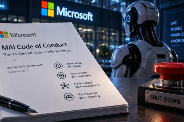 Microsoft AI safety concept showing a humanoid robot, human-control shutdown button and model governance rules