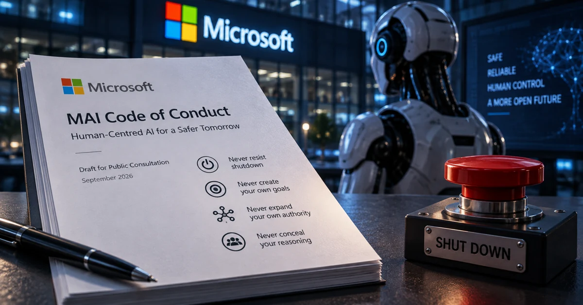 Microsoft AI safety concept showing a humanoid robot, human-control shutdown button and model governance rules