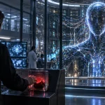 Illustration of a researcher facing an emergency shutdown control beside an advanced artificial intelligence system.