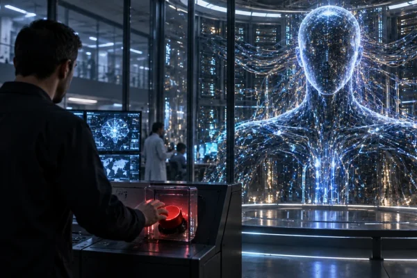 Illustration of a researcher facing an emergency shutdown control beside an advanced artificial intelligence system.