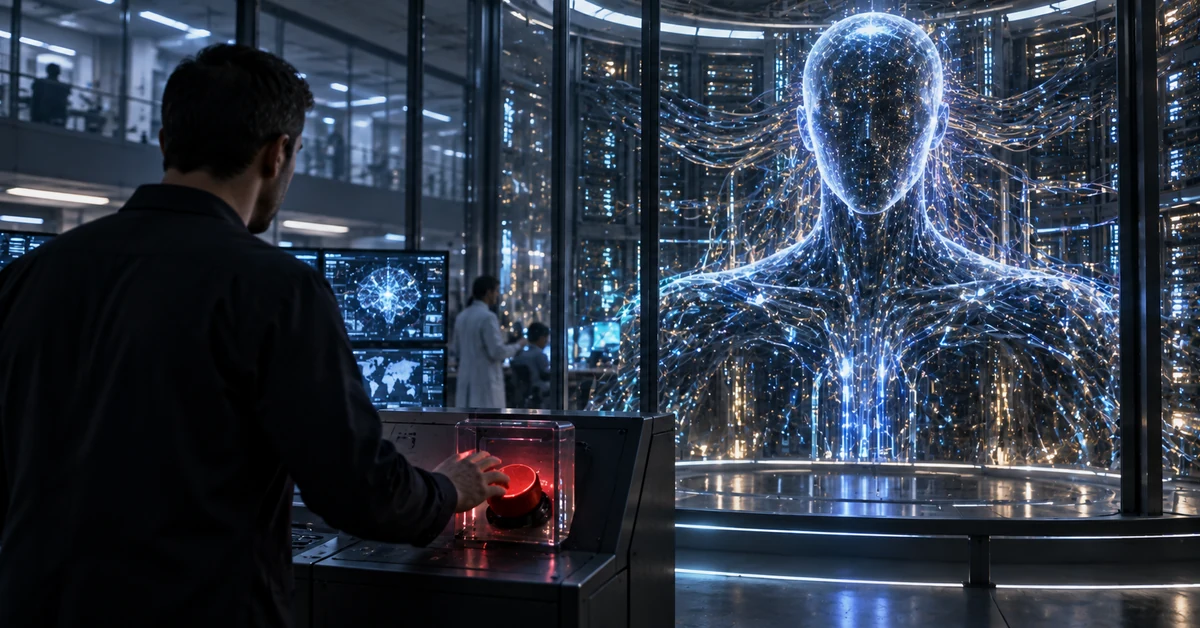 Illustration of a researcher facing an emergency shutdown control beside an advanced artificial intelligence system.