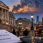 Illustration of the Bank of England and London alongside energy infrastructure, household bills and rising inflation imagery.
