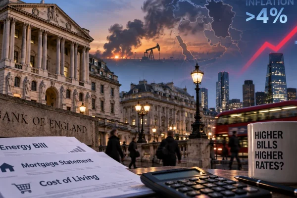 Illustration of the Bank of England and London alongside energy infrastructure, household bills and rising inflation imagery.