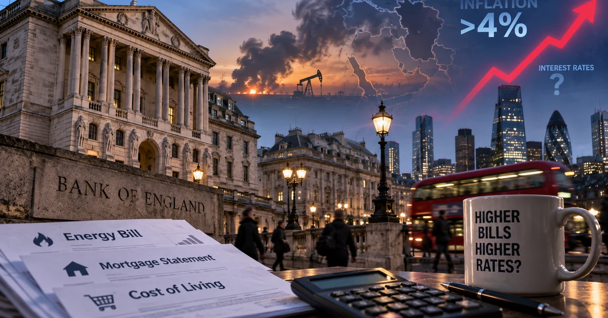 Illustration of the Bank of England and London alongside energy infrastructure, household bills and rising inflation imagery.