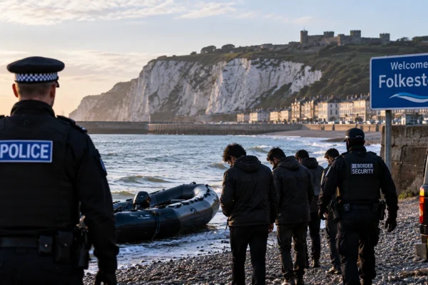 AI-generated editorial illustration representing a small migrant dinghy reaching the coast at Folkestone and subsequent border enforcement response.