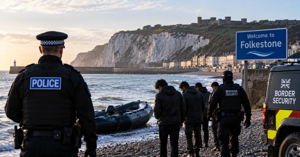 AI-generated editorial illustration representing a small migrant dinghy reaching the coast at Folkestone and subsequent border enforcement response.
