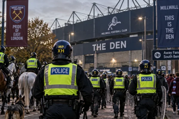 Illustration of a major Metropolitan Police operation outside The Den ahead of Millwall versus West Ham.