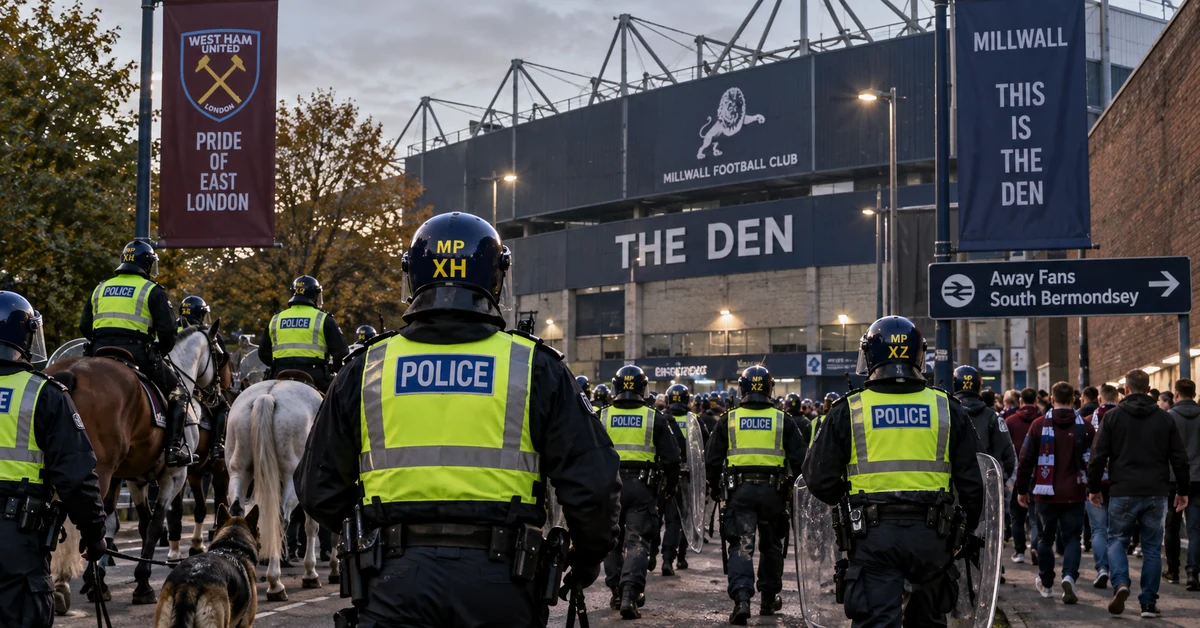 Illustration of a major Metropolitan Police operation outside The Den ahead of Millwall versus West Ham.