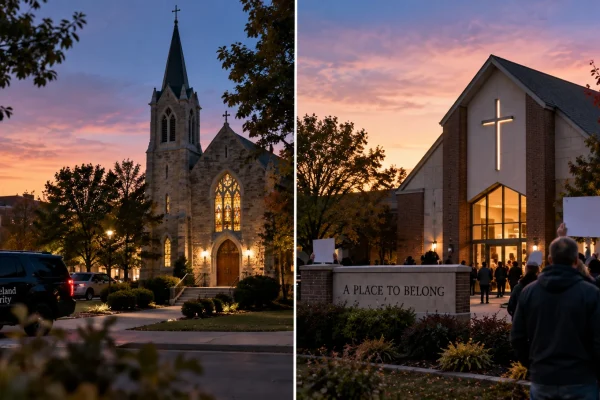 Two contrasting American church scenes, one with a government vehicle outside and another with demonstrators near the grounds