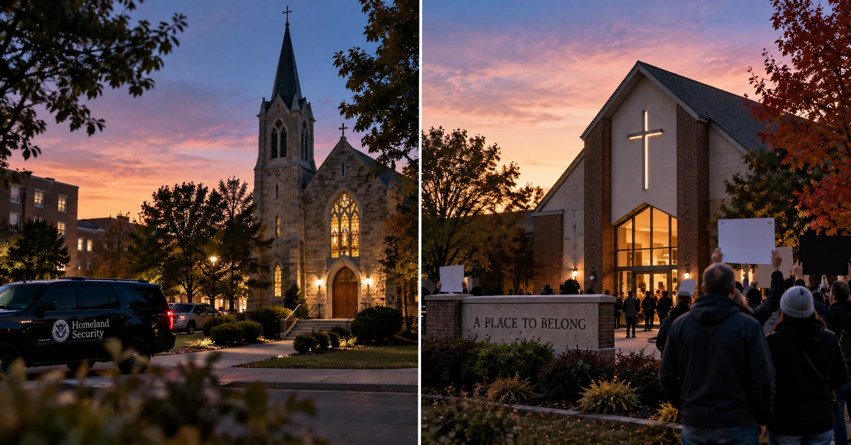 Two contrasting American church scenes, one with a government vehicle outside and another with demonstrators near the grounds