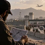 Illustration of a man studying a route map while observing a heavily guarded airport entrance during an evacuation.