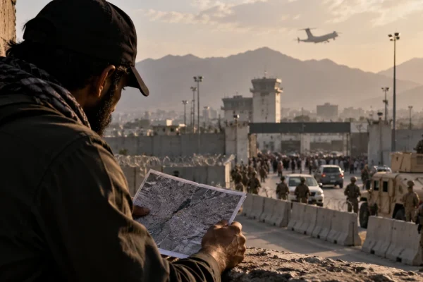 Illustration of a man studying a route map while observing a heavily guarded airport entrance during an evacuation.