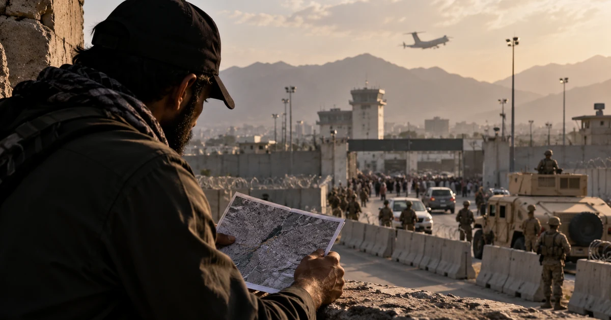 Illustration of a man studying a route map while observing a heavily guarded airport entrance during an evacuation.