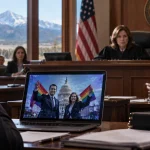 Illustration of a federal courtroom considering AI-generated political imagery and First Amendment law.