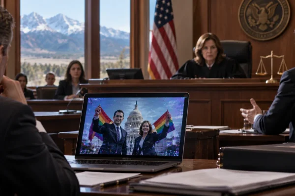 Illustration of a federal courtroom considering AI-generated political imagery and First Amendment law.