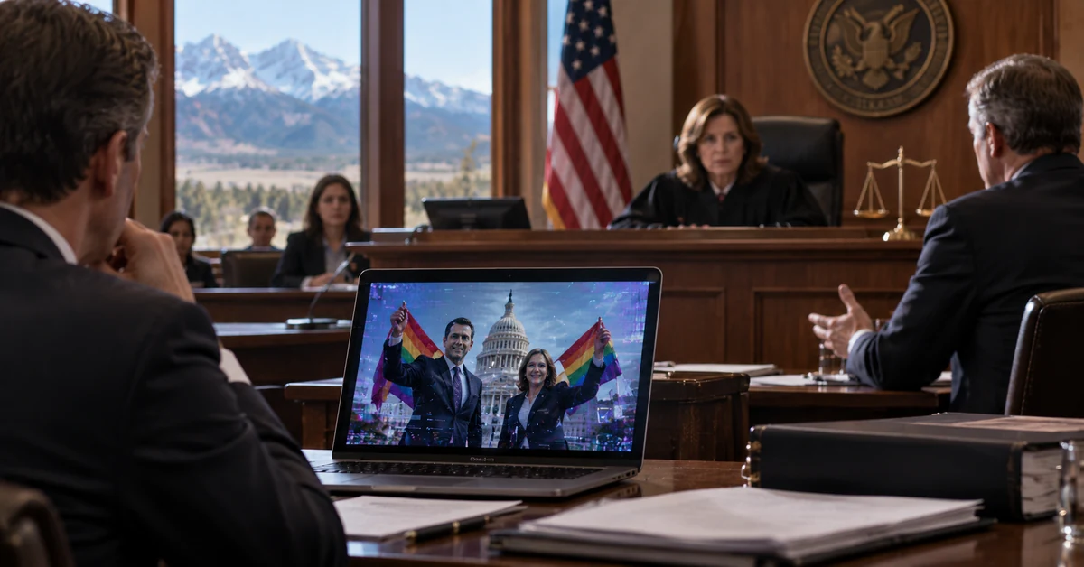 Illustration of a federal courtroom considering AI-generated political imagery and First Amendment law.