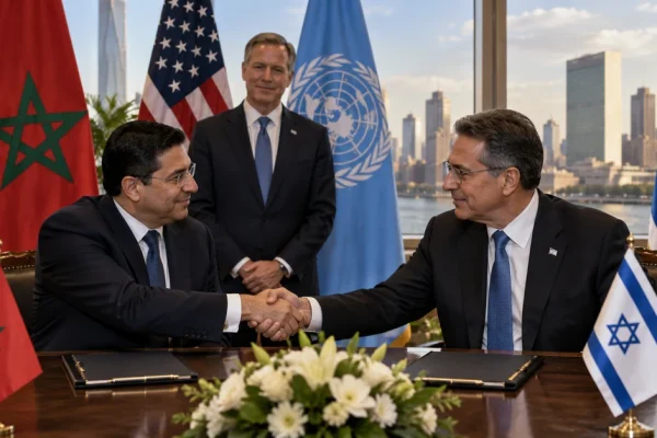 Illustration of Moroccan and Israeli officials shaking hands at a diplomatic meeting with their national flags displayed behind them.