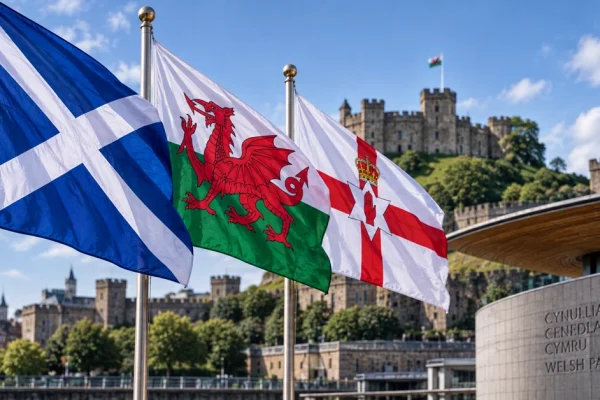 Flags representing Scotland, Wales and Northern Ireland outside a Welsh political setting in Cardiff