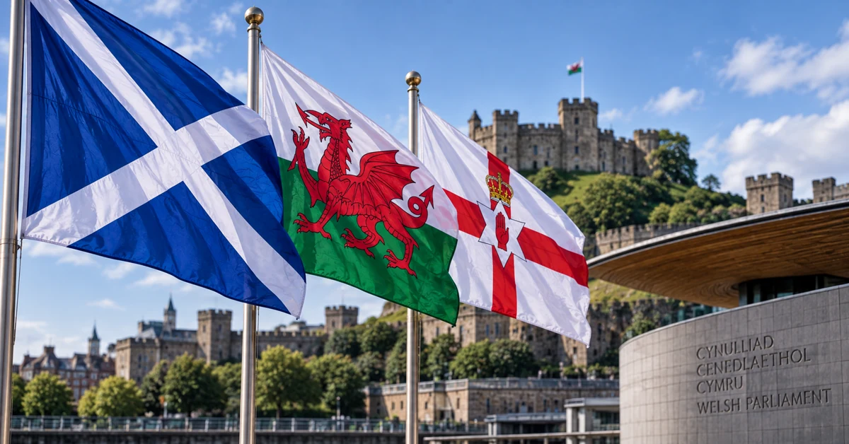 Flags representing Scotland, Wales and Northern Ireland outside a Welsh political setting in Cardiff