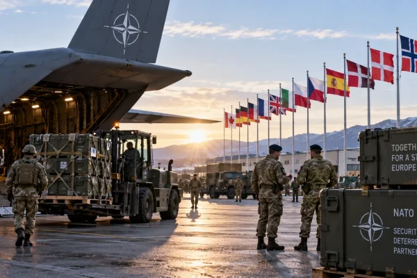 Illustration of a NATO airbase handling military equipment as European allies increase defence spending and diversify procurement.