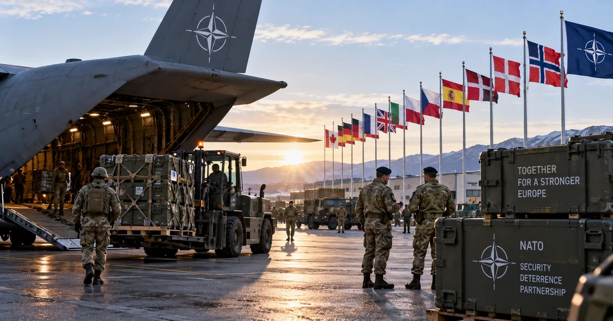 Illustration of a NATO airbase handling military equipment as European allies increase defence spending and diversify procurement.